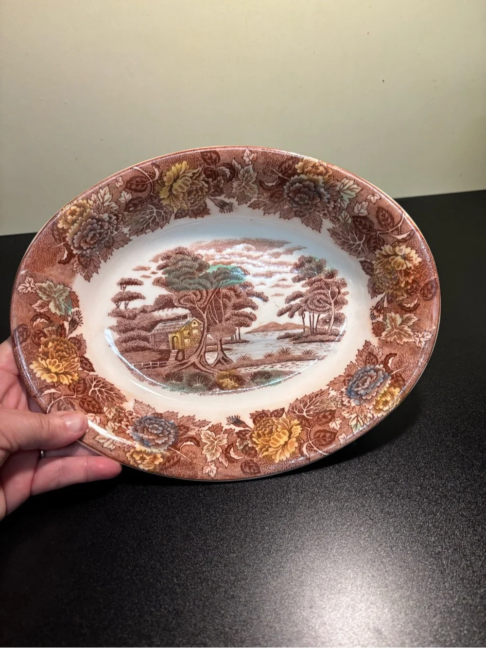 Vintage Nasco Mountain Wood-land Oval Serving Bowl Brown Transferware Japan